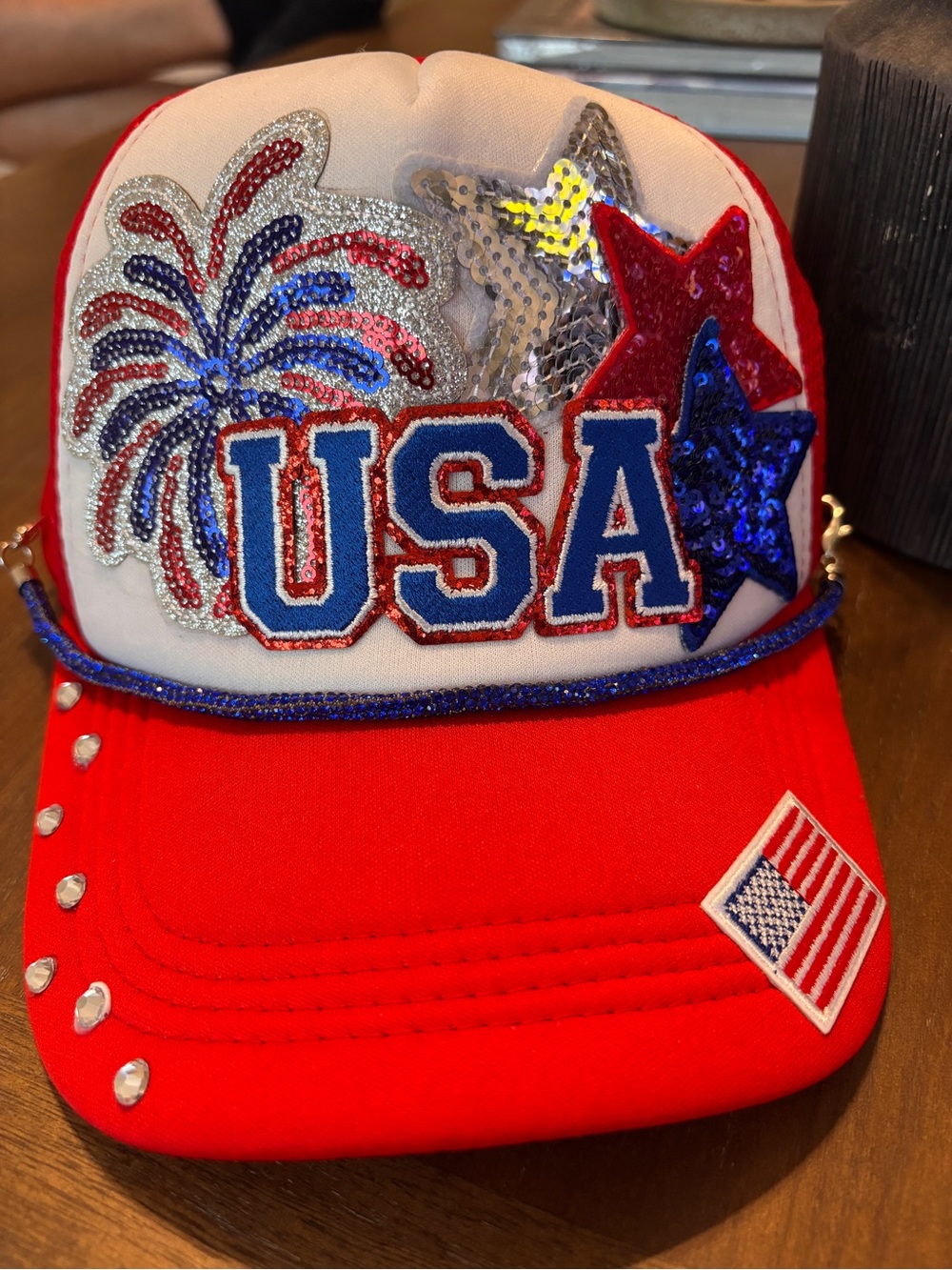 USA Sequin Kids Baseball Cap - Red & White